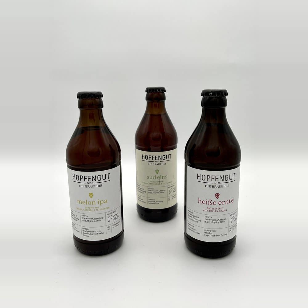 Bierspezialitäten melon ipa, sud eins und heiße ernte vom Hopfengut No. 20