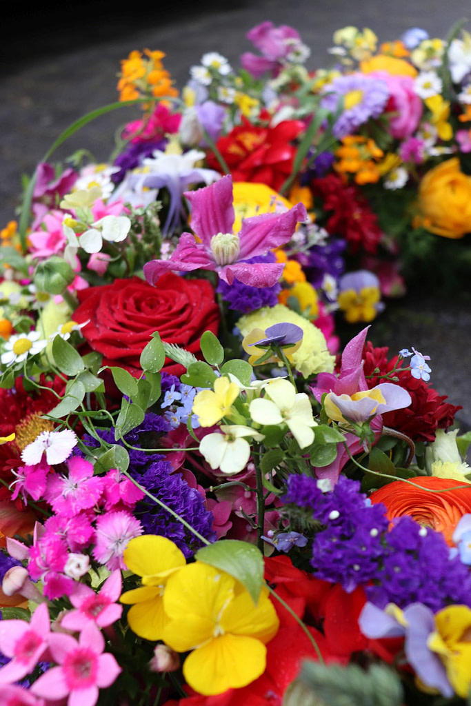 Bunte Sargauflage mit roter Rose und lila Clematis, Nahaufnahme