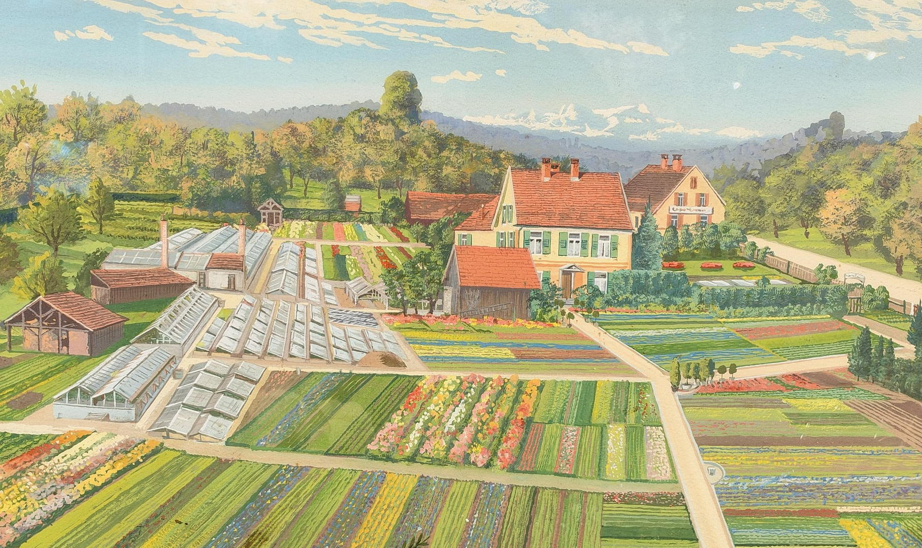 Gemälde der Gärtnerei Heck um 1935 mit Gewächshäusern, Blumenfeldern und Wohnhaus an der Lindauer Straße in Tettnang